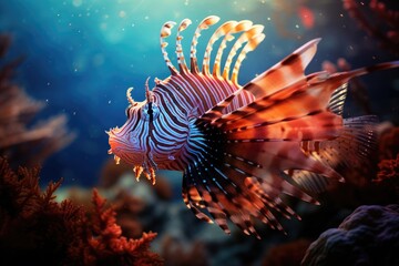 Naklejka na ściany i meble Lionfish Lurking: Coral with a lionfish.