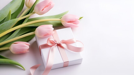 Fototapeta na wymiar 8 march. Happy womens day greeting card. 8 march text on pink tulips and gift box with ribbon on white background. Stylish tender image. Handwritten text, lettering, A bouquet of beautiful tulips 