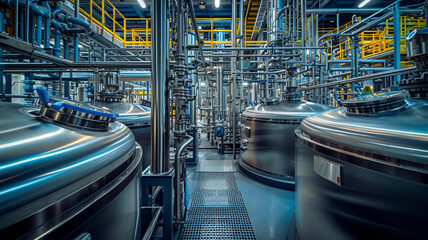 High-Tech Biotech Factory Interior with Stainless Steel Fermenters - obrazy, fototapety, plakaty