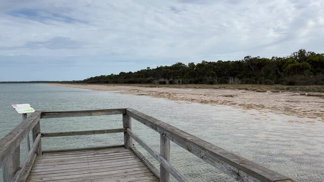 Wooden View Deck On The Tourist Spot At Lake Clifton Thrombolites In Clifton, Western Australia. Wide Shot
