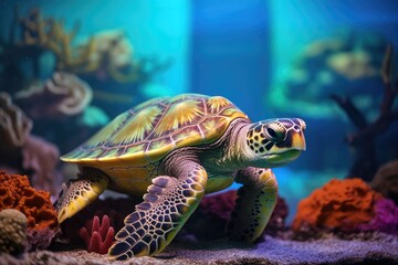 Obraz premium Sea Turtle Haven: Coral with a resting sea turtle.