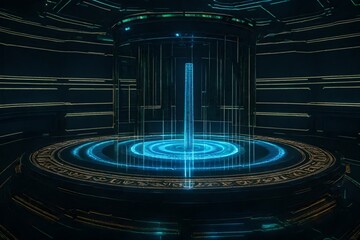 A holographic pedestal in a digital realm that showcases an empty virtual relic.
