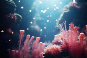 Underwater Canyon: Coral in a deep underwater canyon with bokeh lights.