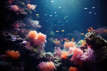 Underwater Canyon: Coral in a deep underwater canyon with bokeh lights.