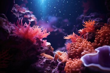 Fototapeta na wymiar Underwater Canyon: Coral in a deep underwater canyon with bokeh lights.