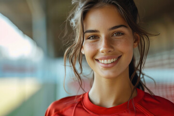 Obraz premium Brunette woman wearing soccer player or supporter attribute uniform