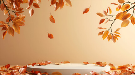 Empty podium with branch of autumn leaves, generative ai