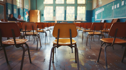 Empty school or college classroom with chairs. Generative AI.