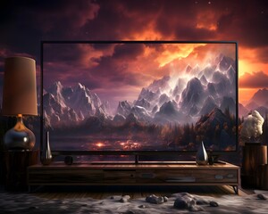 3d illustration of a living room with a view of the mountains