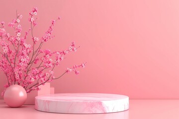 3D illustration of a mock up Beautiful pink blossom background. A blank display for a product that simulates a natural background.