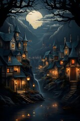Cartoon fairy tale castle at night. Digital painting. Illustration.