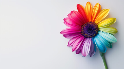 Colorful daisy on white background with copy space for text.
