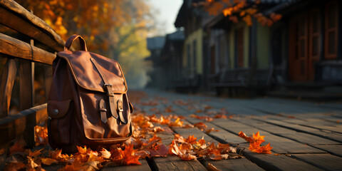 School bag with autumn leaves in park