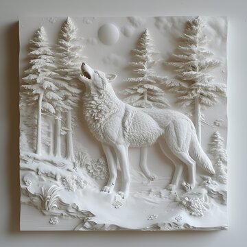 Epic Forest Bas-Relief with Distant Wolf