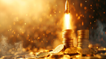 gold stack and flying coins with rocket performance for price increase and bull market concepts. Generative AI.
