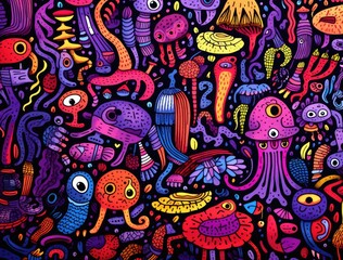 Obraz premium A colorful hand drawn doodle pattern with many different creatures. Generative AI.