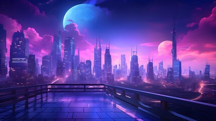 Futuristic city at night. Panoramic view of the city from the bridge.