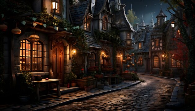 Halloween night in the old town. Panoramic image.