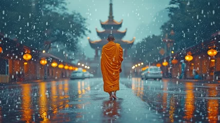 Foto op Aluminium Buddha monk strolling along the road in the rain © tongpatong