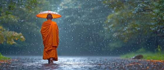 Buddha monk strolling along the road in the rain - obrazy, fototapety, plakaty