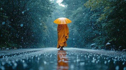 Buddha monk strolling along the road in the rain
