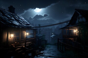 Night in the village. Dark wooden house in the village at night. 3D rendering