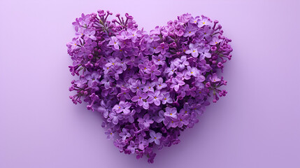 . Heart shape made of purple flowers on lilac background. Love symbol. Top view. Generative AI