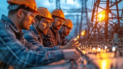 Naklejka premium After a day of work at a high-voltage line tower, electrical engineers discuss the results.