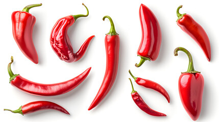 Set of fresh whole red chili pepper isolated on white background, generative ai - obrazy, fototapety, plakaty