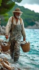 Fisherman with a catch in his hands strolling beside the water