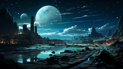 Enigmatic ancient ruins in a muted desert landscape, where mystical symbols glow softly under the shimmering light of a distant celestial body