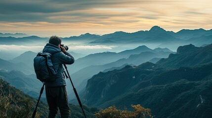 Professional photographer taking picture with modern camera in mountains. - obrazy, fototapety, plakaty