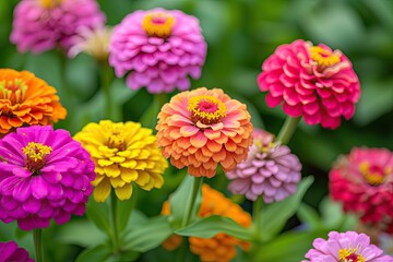 In a flower bed in a large number various zinnias grow and blossom. - obrazy, fototapety, plakaty