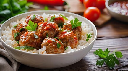 Delicious homemade chicken or turkey meatballs with rice, vegetable and tomato sauce. - obrazy, fototapety, plakaty