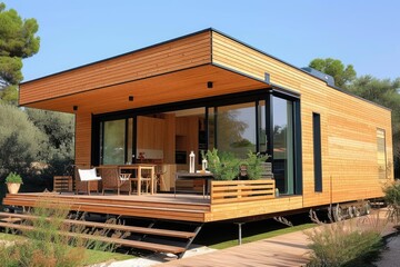 Modular wooden house. Modern and elegant style, with an outdoor living area.