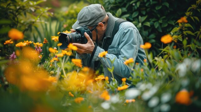 Photographer taking photo a scene in the garden. Nature photographer
