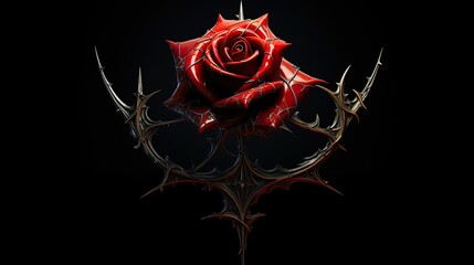3D red rose flower entangled with thorns on black background, rose of thorns