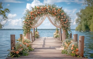 Party location on the pier. banquet area decorated for a wedding. Greenery and flowers adorn the white ceremony arch.