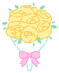 黄色いのバラの花束のイラスト(ピンクリボン)