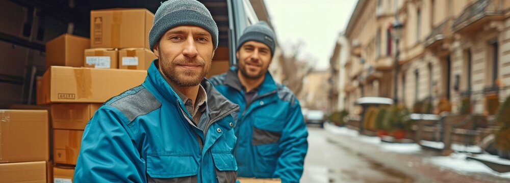 Moving assistance In an example of cooperation and teamwork, workers unload goods from a vehicle. Uniformed delivery guys moving goods
