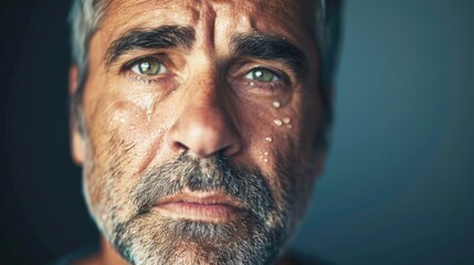 A middleaged man with a pained expression and tears in his eyes clearly experiencing deep frustration.