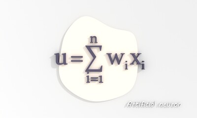 Mathematical formula of the artificial neuron. Summing and activation functions. Neural network research. Machine learning. 3D render