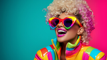 colorful hair girl wearing ultra bright disco clothes and sunglasses on colorful background. Party