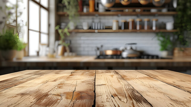 The wood table top on blur kitchen counter room background, Wood table, kitchen counter, Generative Ai, 