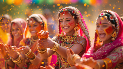Holi festival. Group of young women laughing and playing during Holi, their traditional Indian outfits and jewelry complementing the festival's vivid colors.