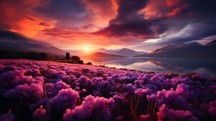 Radiant beams of sunlight piercing through a celestial sea of lavender mist, creating an...
