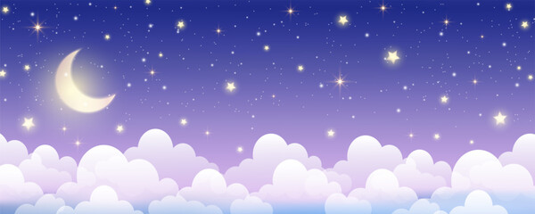 Night sky background. Starry dark gradient space. Crescent moon and clouds dreamy scene. Vector cute landscape panorama. Magic midnight illustration © Chorna_L