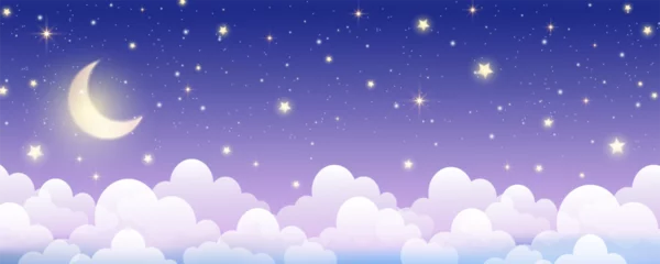 Papier Peint photo Chambre denfants Night sky background. Starry dark gradient space. Crescent moon and clouds dreamy scene. Vector cute landscape panorama. Magic midnight illustration