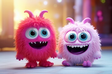 Two 3D cartoon colorful stuffed little monsters, cute monster dolls for children, children's books, monster friends