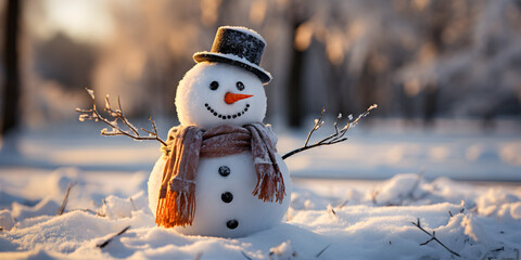 Snowman in hat and scarf at snowy park